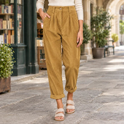 Women’s High-Rise Pleated Tapered Corduroy Pants