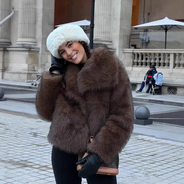 Women’s Plush Faux Fur Short Coat with Statement Collar