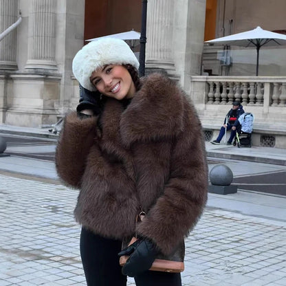 Women’s Plush Faux Fur Short Coat with Statement Collar