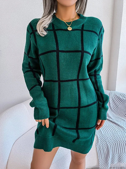 Women's Check Knit Mini Dress with Long Sleeves and Crew Neck