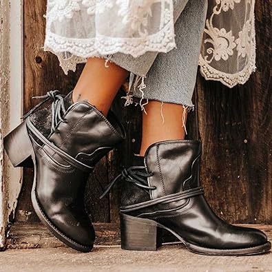 Women’s Leather Lace-Up Ankle Boots with Chunky Block Heel