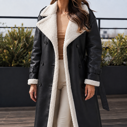 Women’s Longline Belted Coat with Plush Contrast Trim