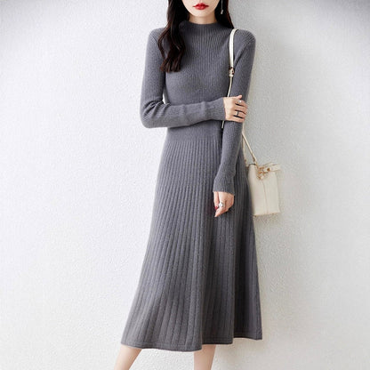 Women's High-Neck Ribbed Knit Dress with Flared Skirt