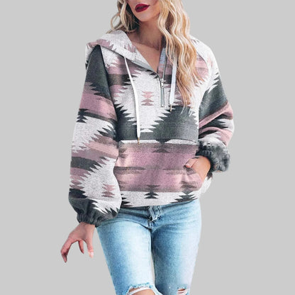 Women’s Geometric Pattern Half-Zip Hooded Pullover with Front Pocket