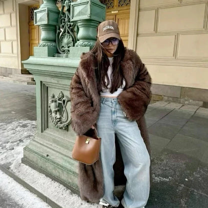 Women’s Longline Plush Faux Fur Coat with Oversized Fit