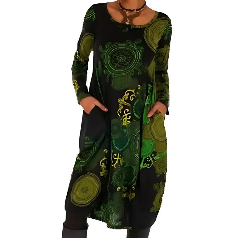 Women's Printed Relaxed-Fit Midi Dress with Long Sleeves and Side Pockets