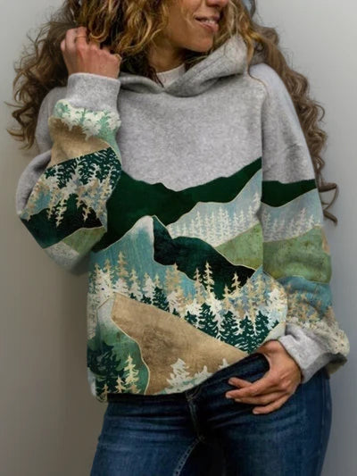 Women’s Oversized Mountain Landscape Printed Pullover Hoodie