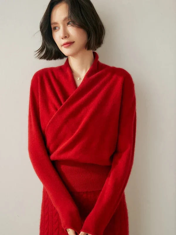 Women’s Crossover Neck Slim-Fit Knit Sweater with Ribbed Trim