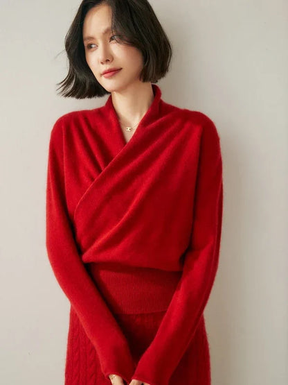 Women’s Crossover Neck Slim-Fit Knit Sweater with Ribbed Trim