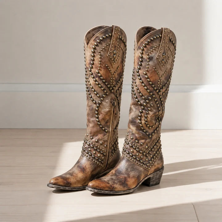 Women’s Studded Knee-High Western Boots with Pointed Toe