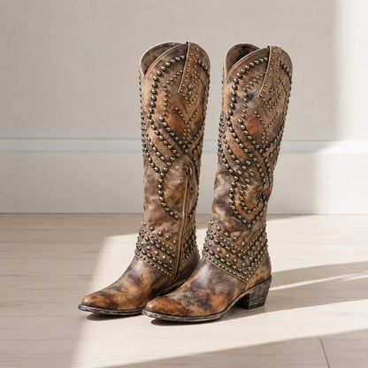 Women’s Studded Knee-High Western Boots with Pointed Toe
