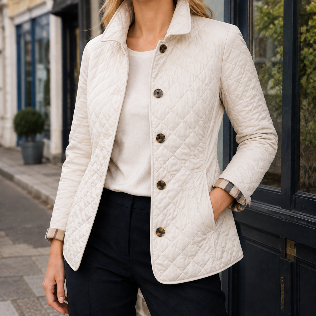 Women’s Diamond Quilted Jacket with Checked Turn-Back Cuffs