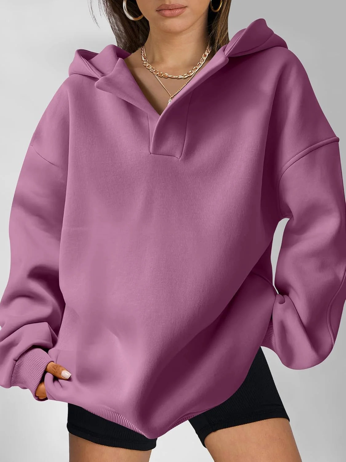 Women’s Oversized Collared V-Neck Pullover Hoodie with Ribbed Trim