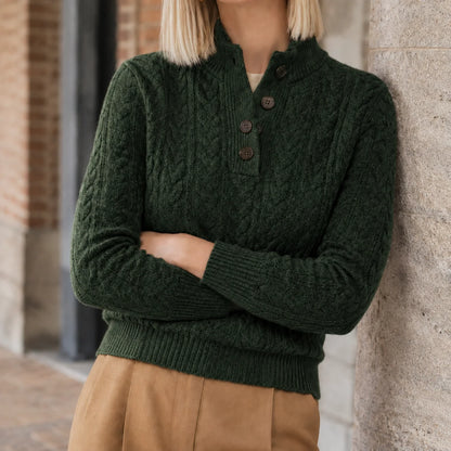 Women’s Cable Knit Button-Neck Cashmere Blend Sweater