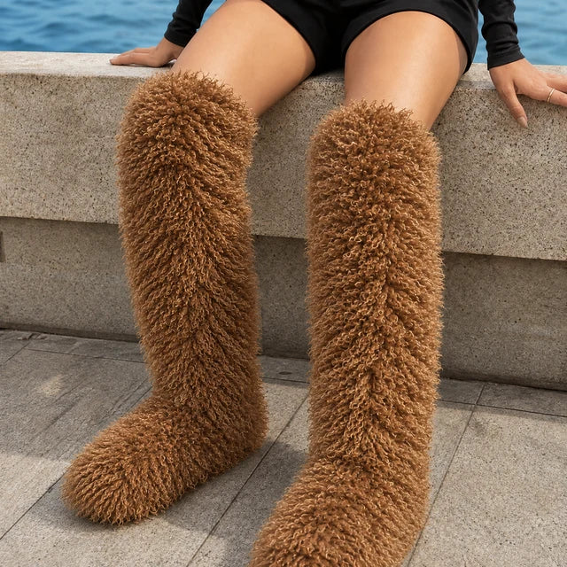 Women’s Thigh-High Shaggy Boots with Plush Curly Texture