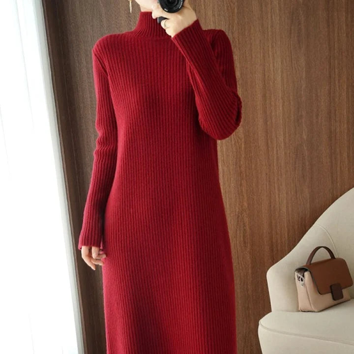 Women's Slim-Fit Ribbed Knit Dress with High Neck and Long Sleeves