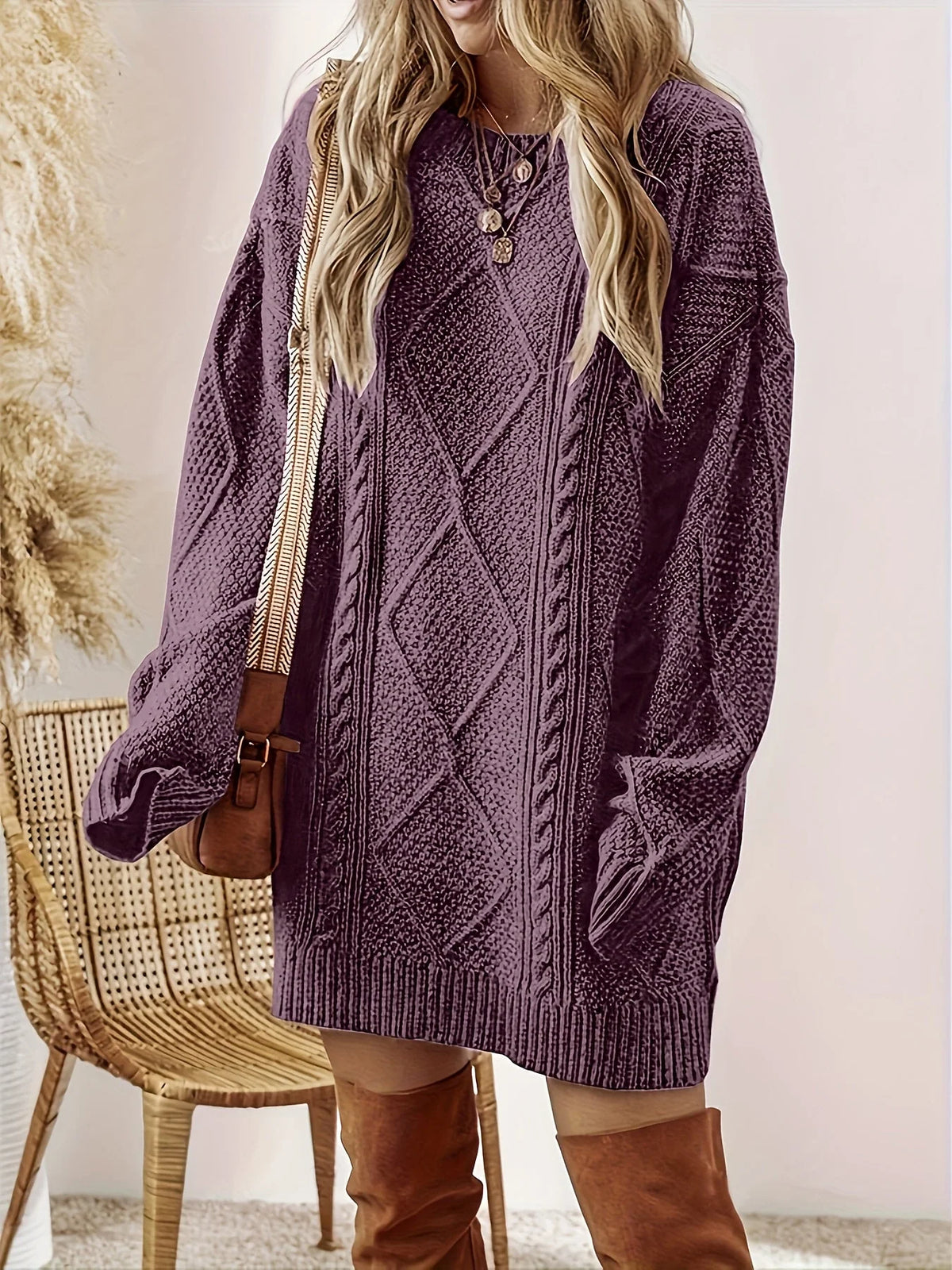 Women's Cable-Knit Sweater Dress with Classic Crew Neck