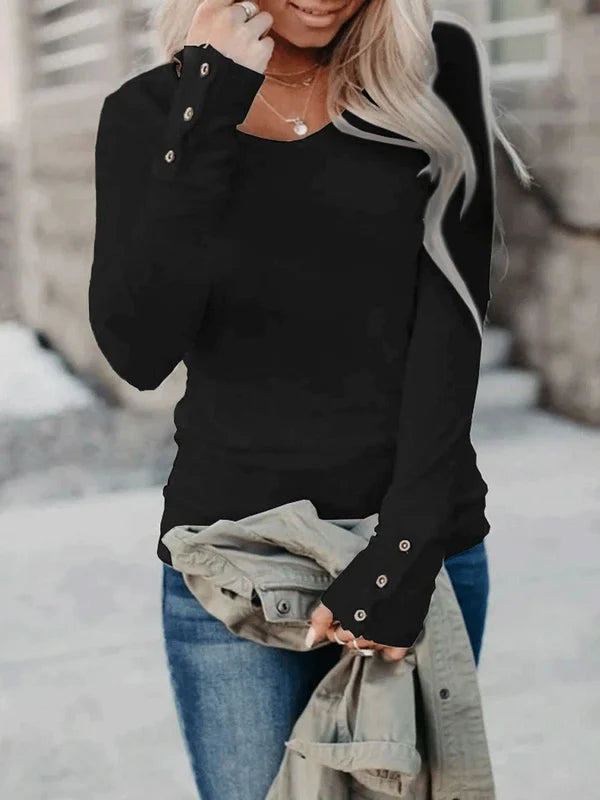 Women’s Slim-Fit Deep V-Neck Cotton Blend Top with Sleeve Buttons