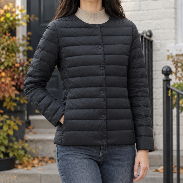 Women’s Lightweight Quilted Collarless Snap Jacket