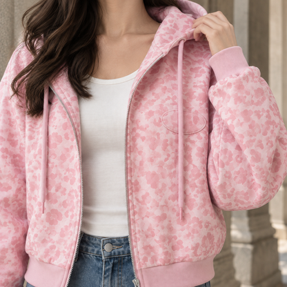 Tonal Leopard Print Cropped Hooded Zip Jacket