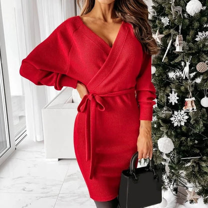 Women's V-Neck Wrap Knit Sweater Dress with Adjustable Waist Belt