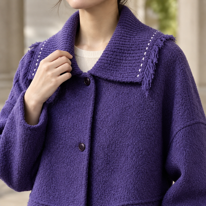 Women’s Textured Wool Boxy Jacket with Fringed Collar