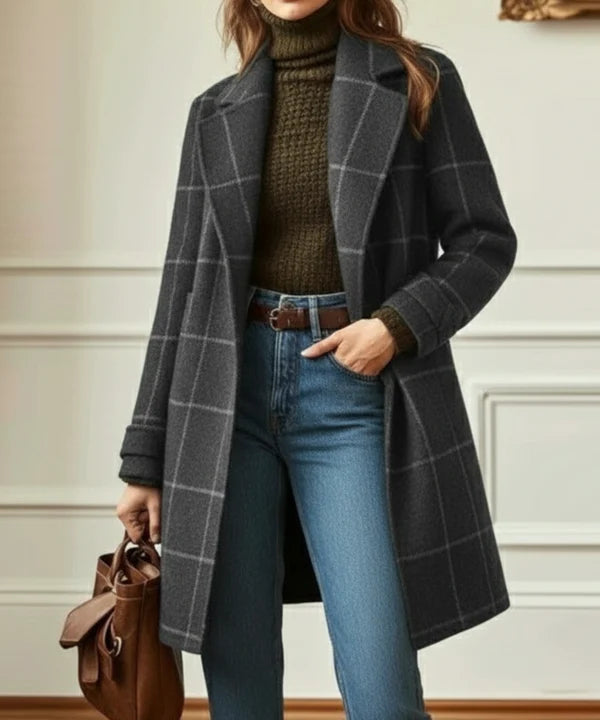 Women’s Longline Wool-Blend Tweed Coat with Wide Lapels