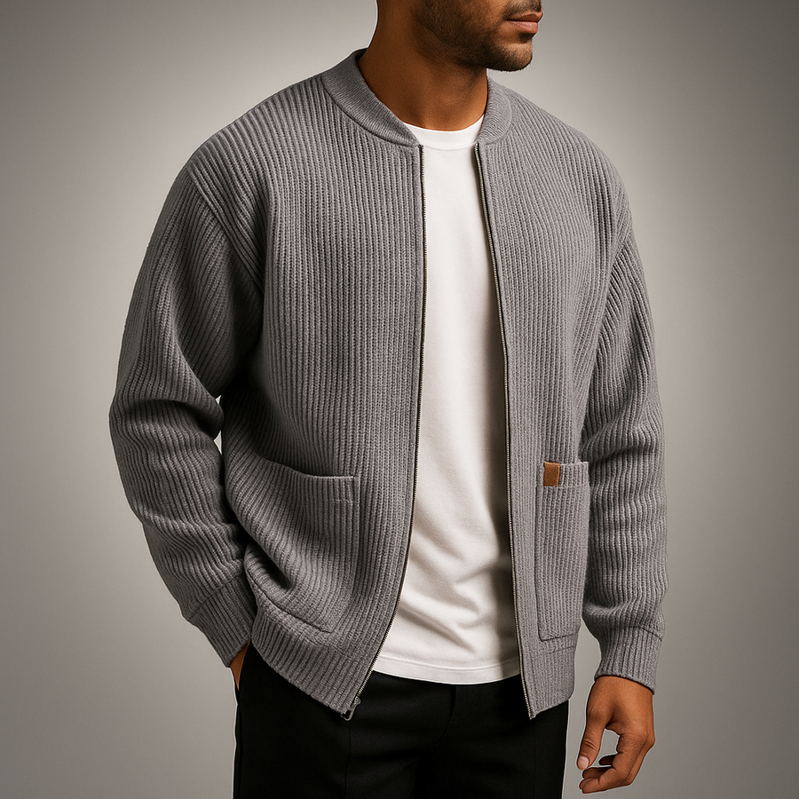 Men’s Vertical Rib Knit Pullover with Stand Collar