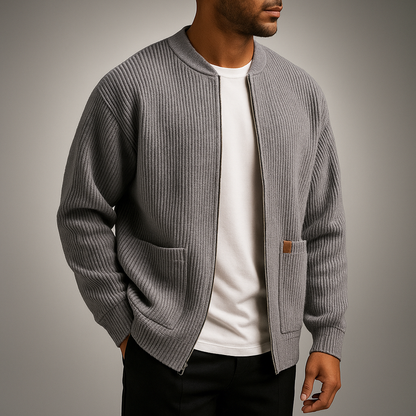 Men’s Vertical Rib Knit Pullover with Stand Collar