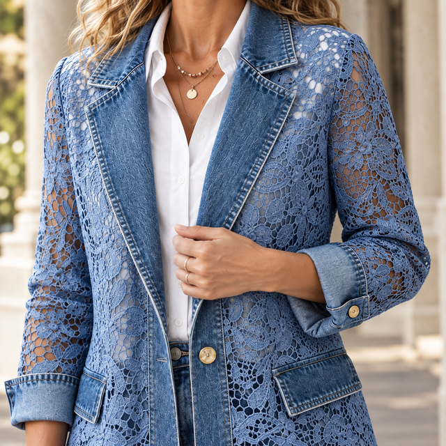 Women’s Denim Floral Lace Panel Jacket