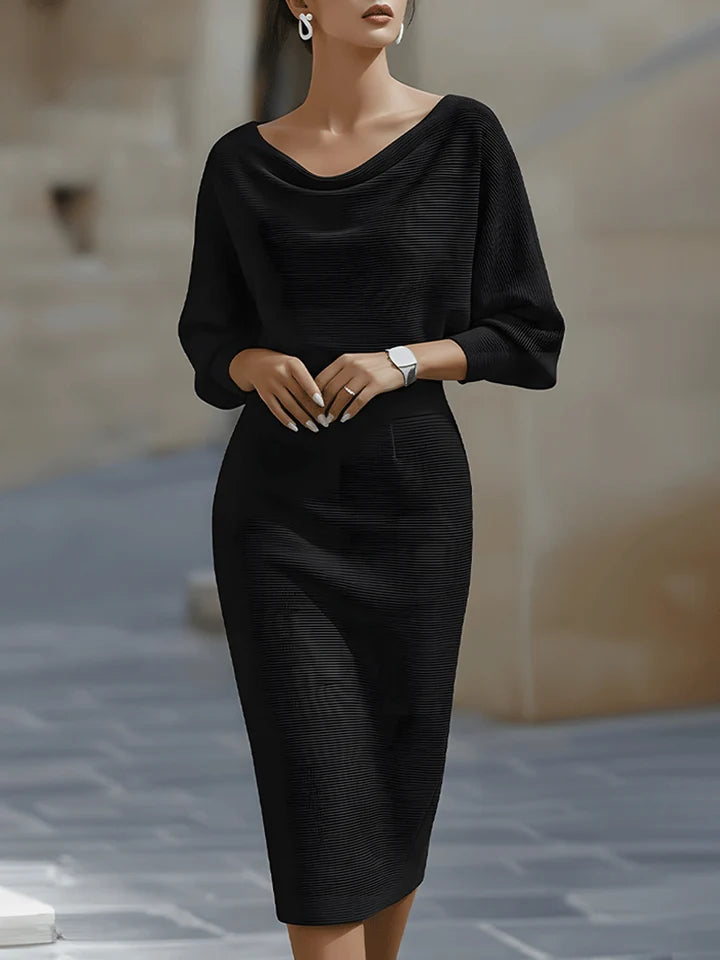 Women's Ribbed Midi Dress with Draped Cowl Neck and Batwing Sleeves