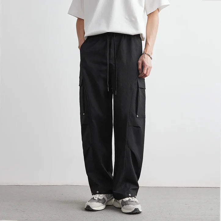 Men’s Wide-Leg Cotton Canvas Cargo Trousers with Flap Pockets