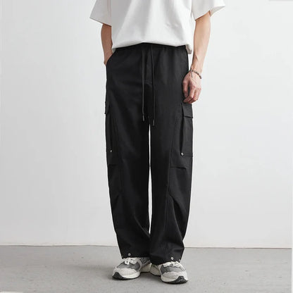 Men’s Wide-Leg Cotton Canvas Cargo Trousers with Flap Pockets