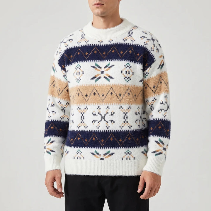 Geometric Colorblock Jacquard Crew Neck Sweater