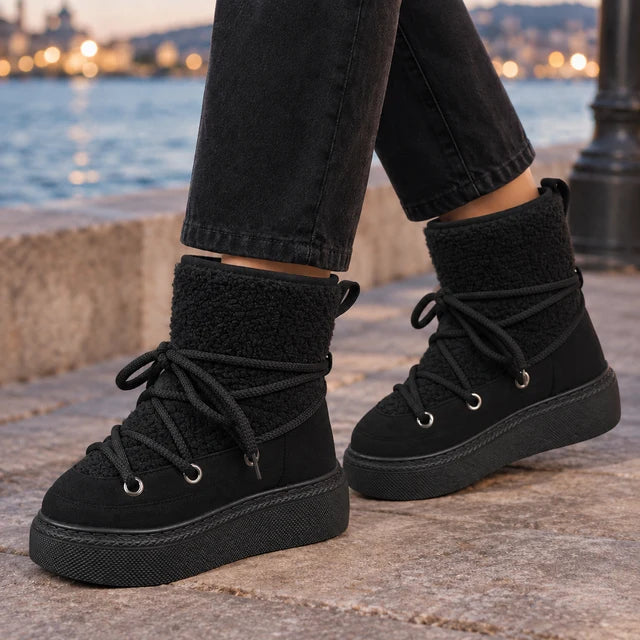 Women’s Cotton-Blend Platform Snow Boots with Wraparound Laces