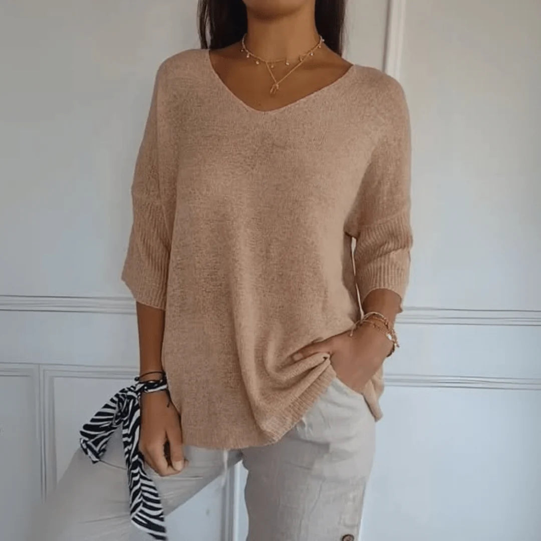 Women’s Relaxed V-Neck Three-Quarter Sleeve Sweater