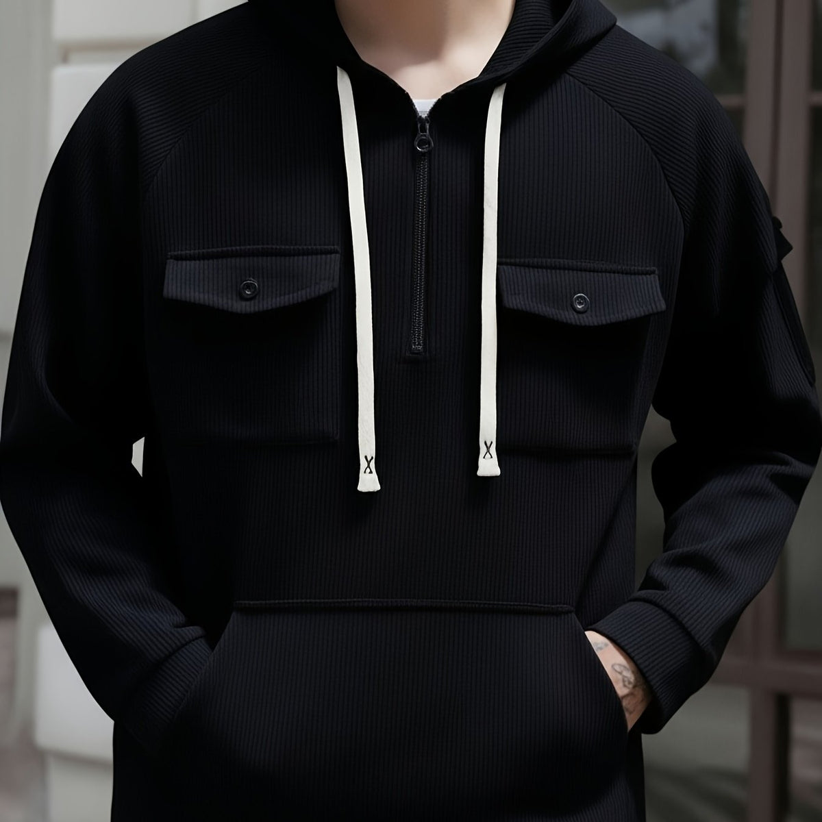 Men’s Ribbed Quarter-Zip Utility Hoodie