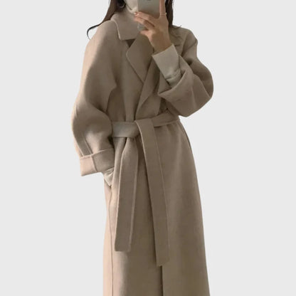 Women’s Longline Wool-Blend Coat with Adjustable Waist Belt