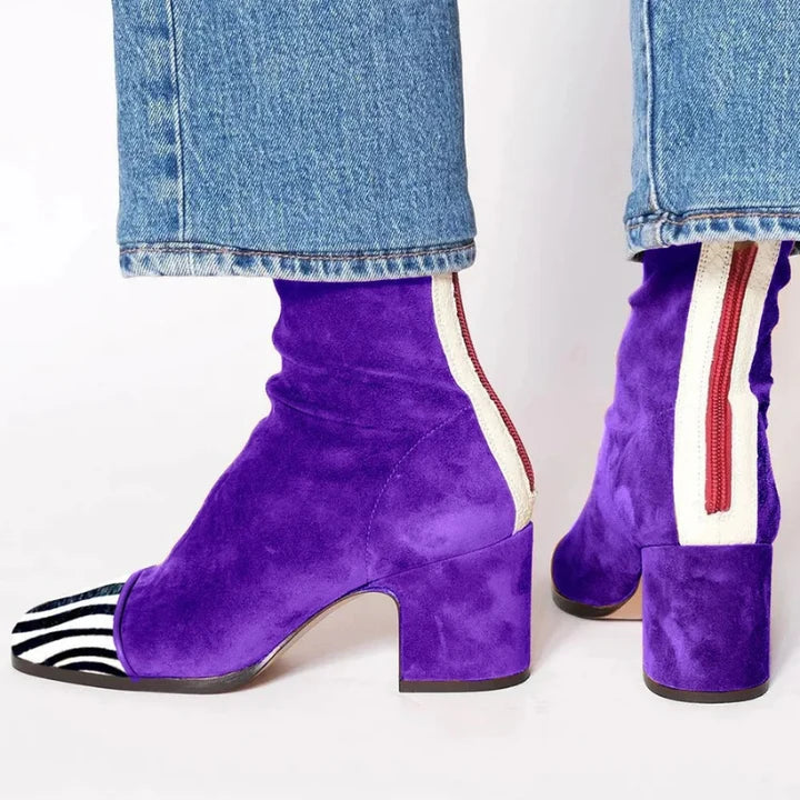 Women’s Suede Ankle Boots with Animal-Print Toe and Block Heel