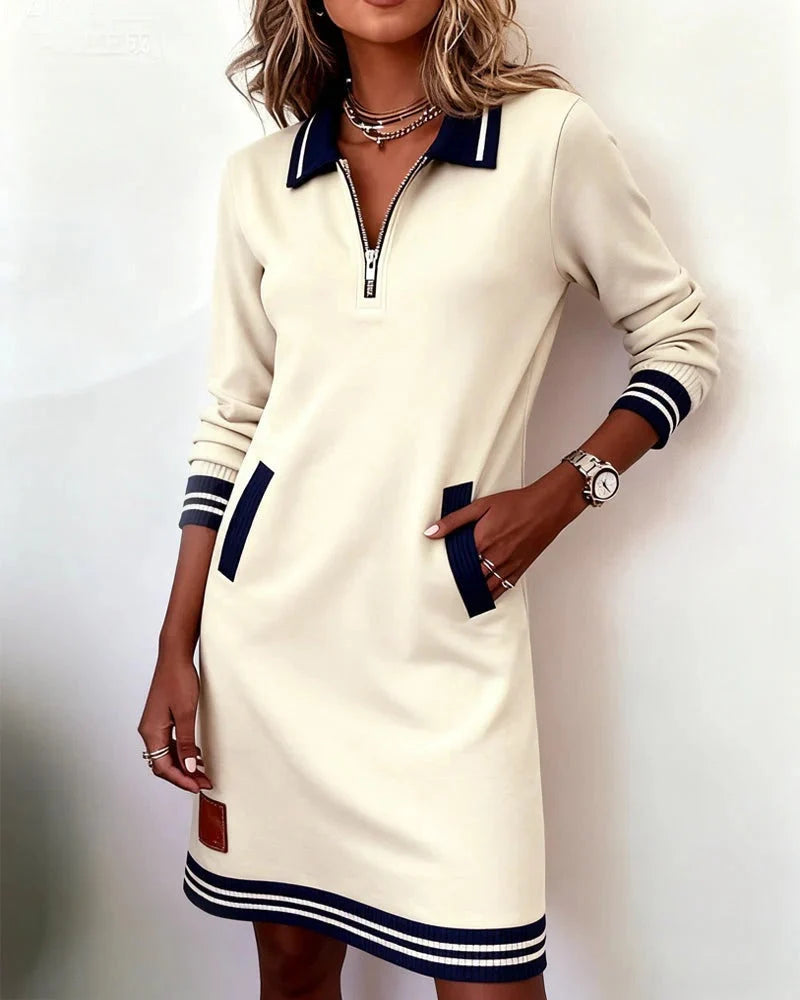 Women's Quarter-Zip Collared Mini Sweater Dress with Front Pockets
