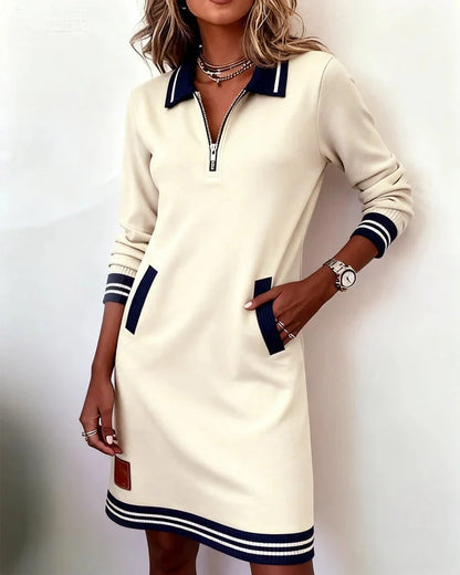 Women's Quarter-Zip Collared Mini Sweater Dress with Front Pockets