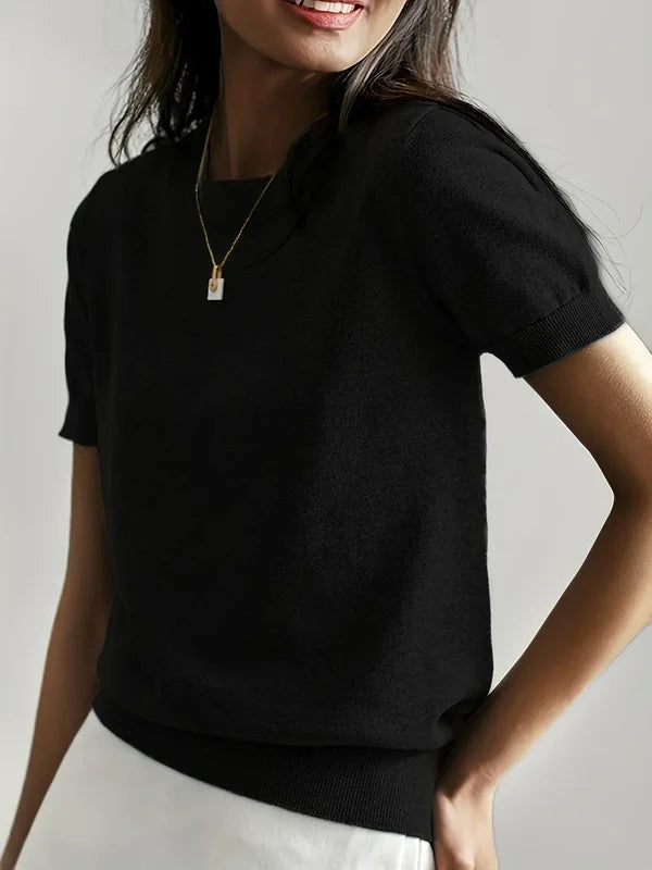 Women’s Lightweight Short-Sleeve Crew Neck Knit Top with Ribbed Trim