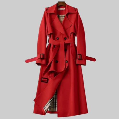 Women’s Long Double-Breasted Trench Coat with Adjustable Waist Belt