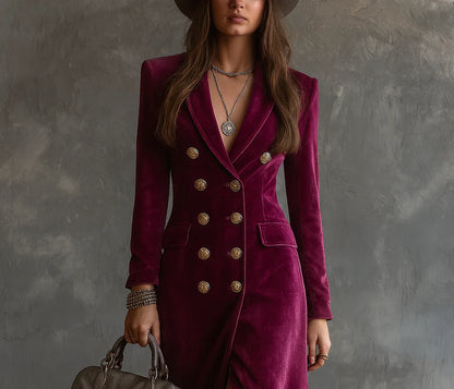 Women's Long Velvet Blazer Dress with Double-Button Front