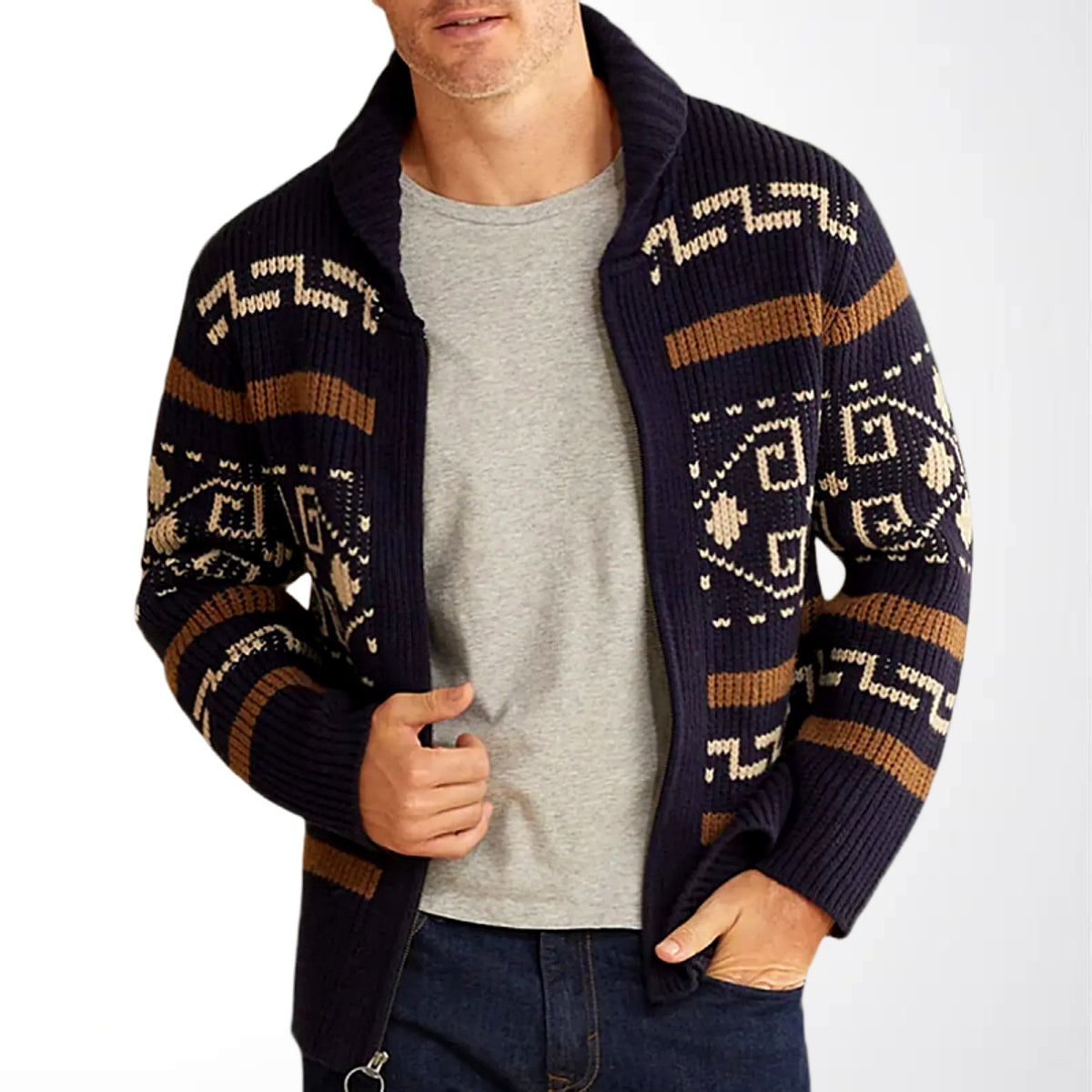 Men’s Geometric Jacquard Shawl Collar Zip Cardigan