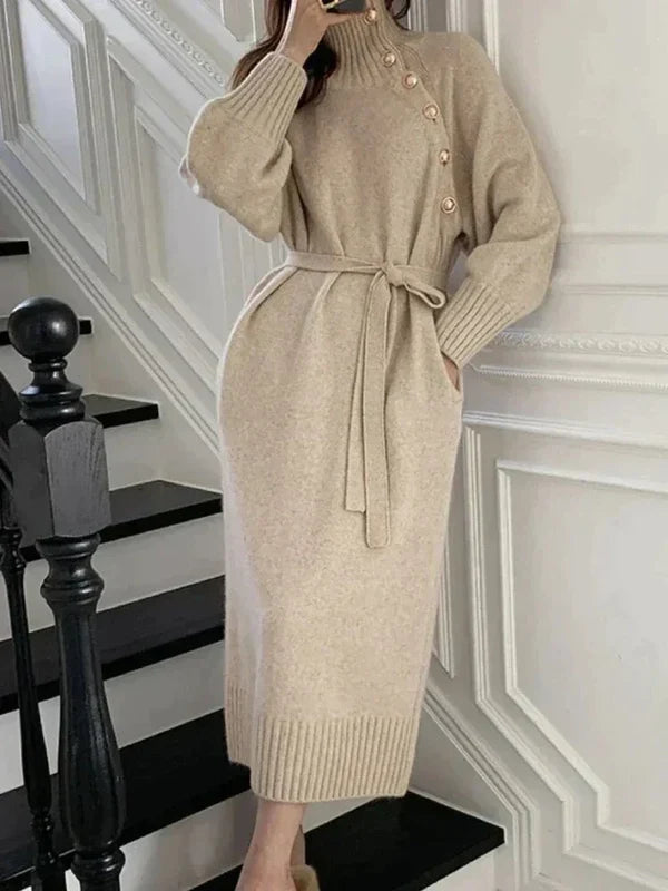 Women's High-Neck Sweater Dress with Button Detail and Tie Waist