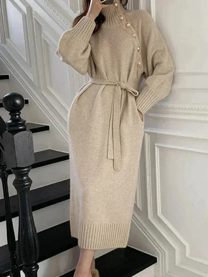 Women's High-Neck Sweater Dress with Button Detail and Tie Waist