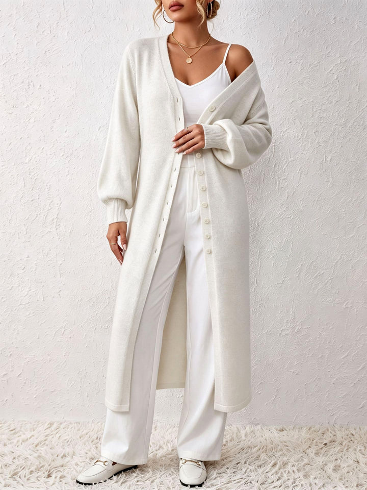 Women's Floor-Length Knit Cardigan Dress with Balloon Sleeves