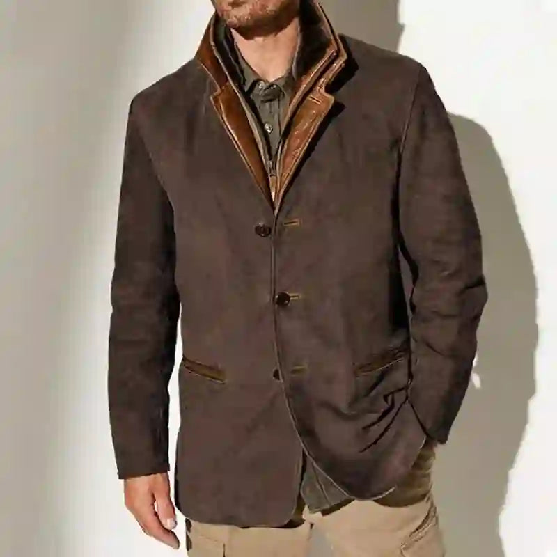 Men’s Vintage Suede-Style Layered Collar Button Coat
