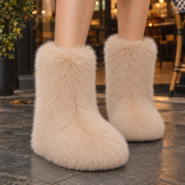 Women’s Mid-Calf Plush Boots with Rounded Toe and Flat Sole